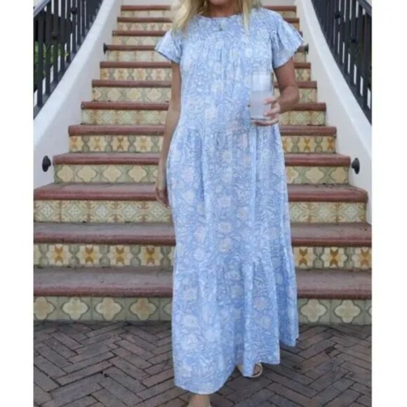 Marea Louise Blue Floral Smock Neck Tiered Cotton Maxi Dress Sz Small - Picture 1 of 7